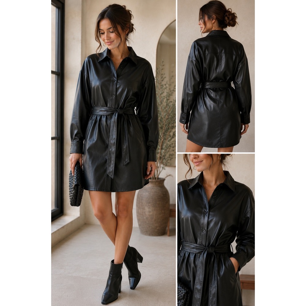 Title: N Philanthropy NWT Black Faux Leather Belted Shirt Dress Edgy Minimalist